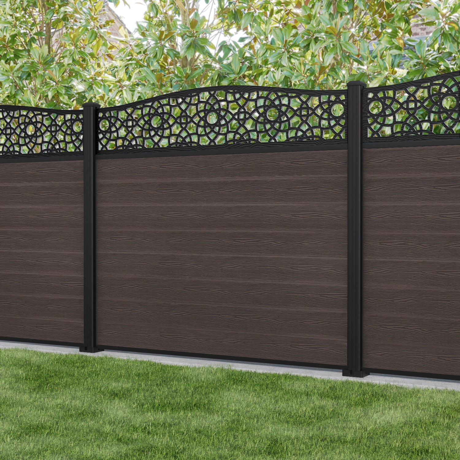 Classic Amber Curved Top Fence Panel - Mid Brown Wood Privacy Screen with Aluminum Posts | Outdoor Garden Fence, Backyard Boundary, and Patio Enclosure