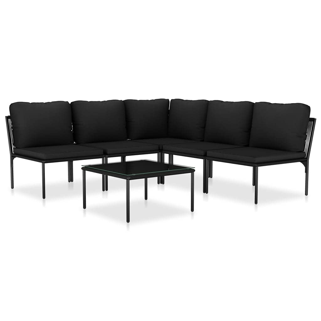 6-Piece Black PVC Wicker Patio Conversation Set with Cushions & Glass Coffee Table - Outdoor Garden Lounge Furniture for Backyard, Poolside & Deck Relaxation