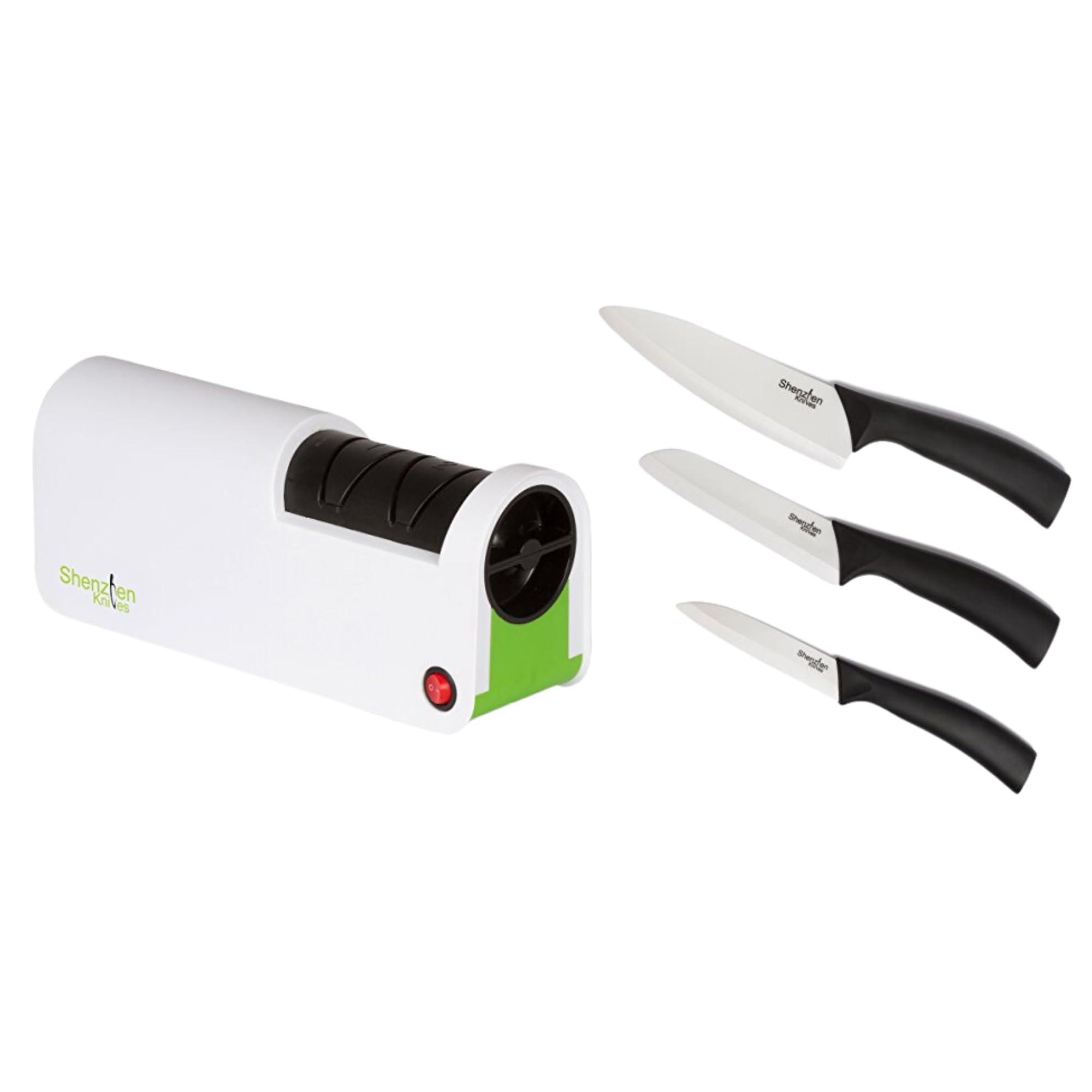 Premium White Ceramic Knife Set - 3-Piece Ultra Sharp Kitchen Knives with Electric Diamond Knife Sharpener (2 Pack Bundle) | Perfect for Slicing Fruits, Vegetables & Boneless Meat | Dishwasher Safe & Rust-Free