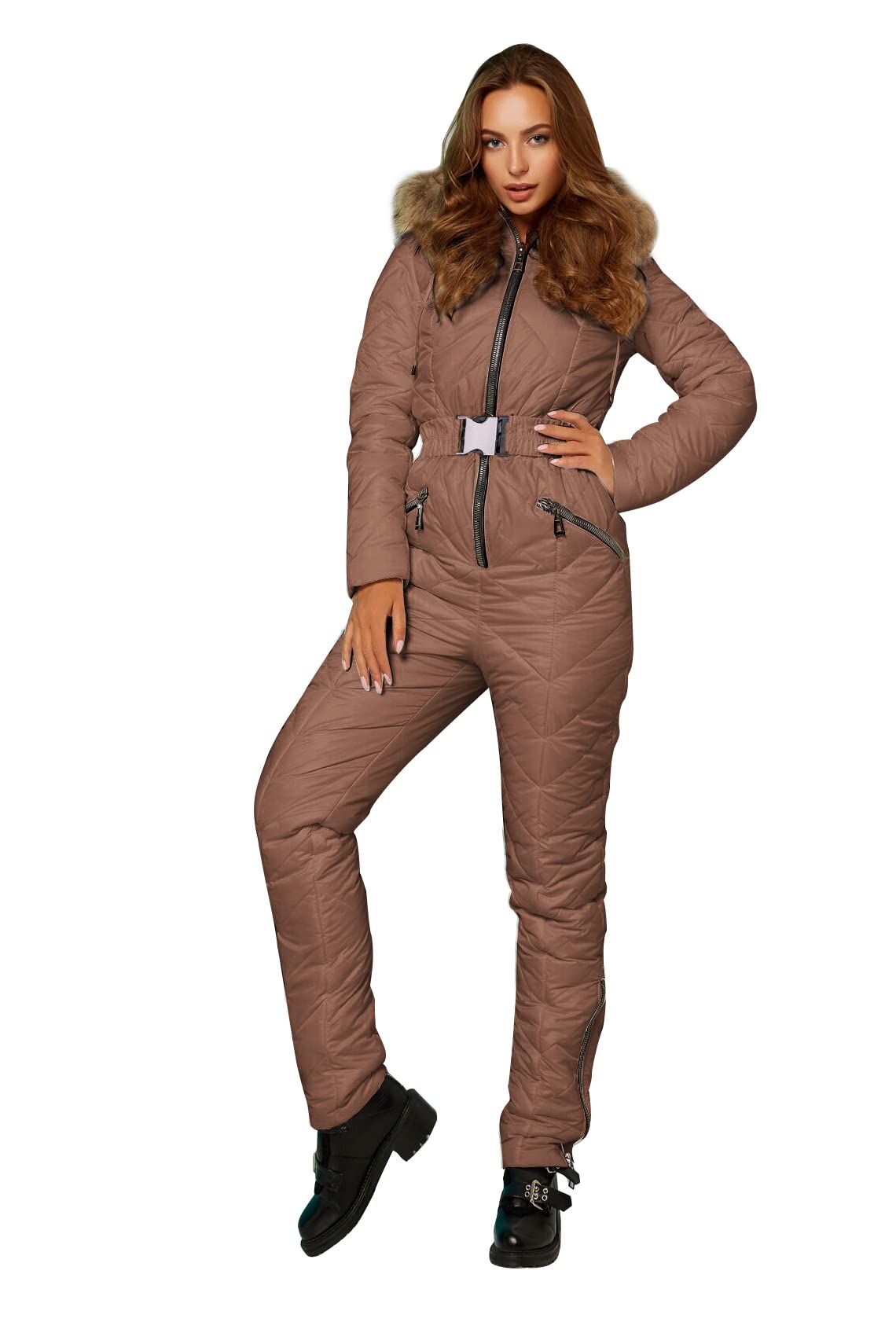 Yousify Women's Winter Ski Suit - One Piece Hooded Snowsuit with Fur Collar for Skiing, Snowboarding & Outdoor Winter Sports - Warm Waterproof Snow Jacket for Cold Weather Adventures