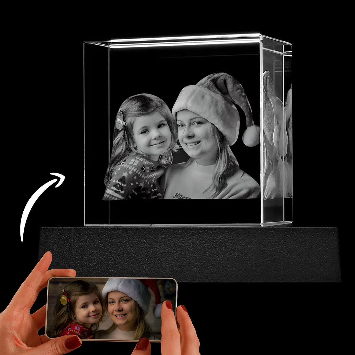 Personalized 3D Crystal Photo Gift - Custom Laser Etched Square Glass Picture with Light Base for Women, Men, Mom, Dad, Sister, Brother, Friends - Unique Birthday, Wedding, Anniversary Gift Idea - Perfect for Home Decor, Office Display & Romantic Couples Keepsake (Medium Size)