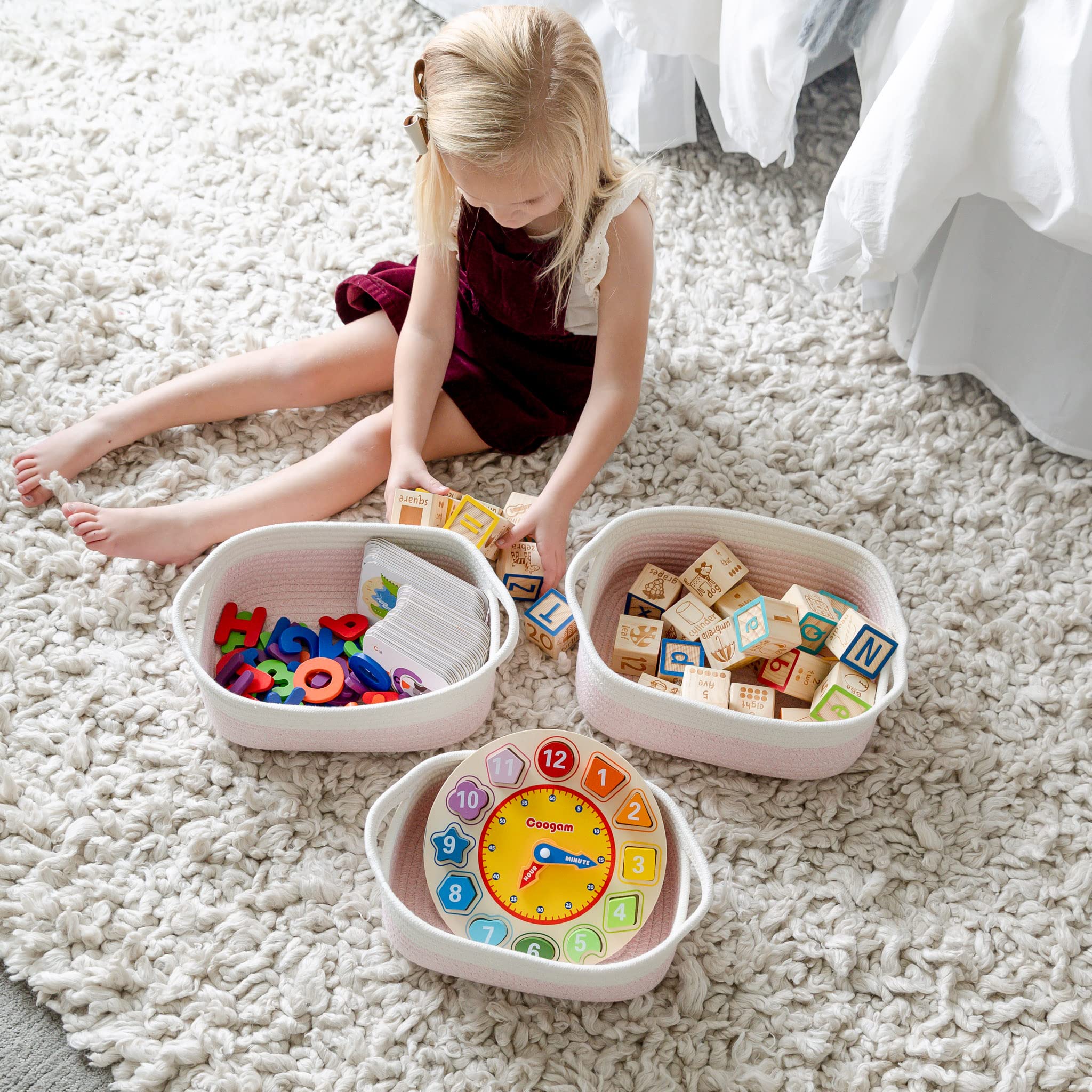 NaturalCozy 5-Piece Rectangle Storage Basket Set - Eco-Friendly Cotton Rope Woven Organizer Bins for Home & Nursery | Perfect for Montessori, Baby Toys, Pet Supplies, Bathroom Organization & Clutter Control
