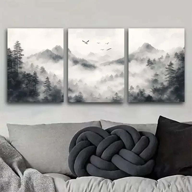 3-Piece Monochrome Forest Misty Art Set - Framed Canvas 50x70cm - High Quality Print Wall Art - 100% Australian Made - Ready to Hang - Perfect for Living Room, Bedroom & Office Decor