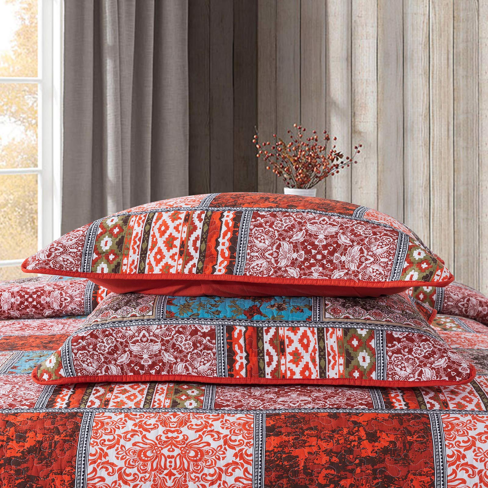 NEWLAKE Cotton Bedspread Quilt Set - Reversible Patchwork Coverlet with Mediterranean Bohemian Pattern, King Size Bedding for Master Bedroom & Guest Room