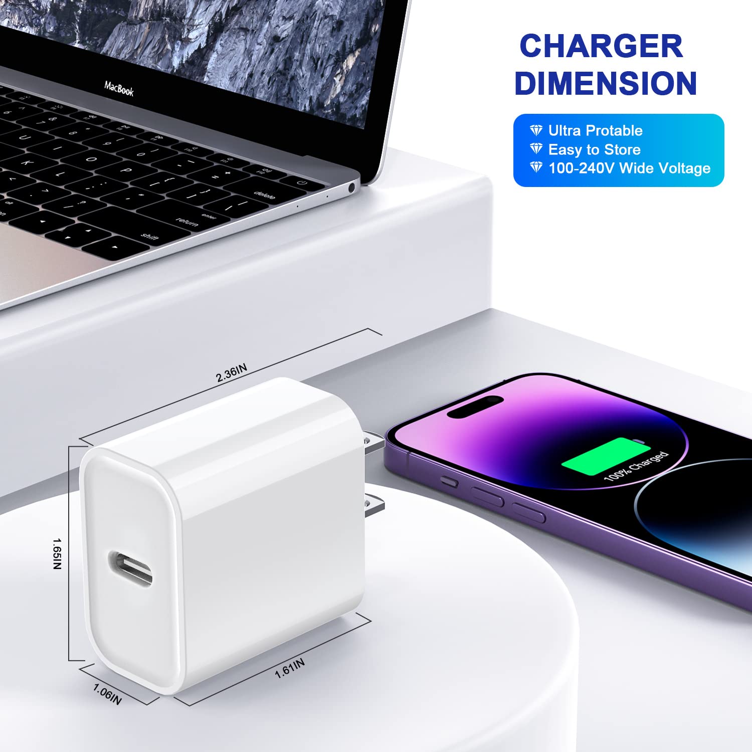 3-Pack 20W USB C Fast Charger Block for iPhone 16/15/14/13/12 & iPad Pro/Air/Mini - PD Power Delivery Adapter Plug with Quick Charging - Perfect for Home, Office & Travel