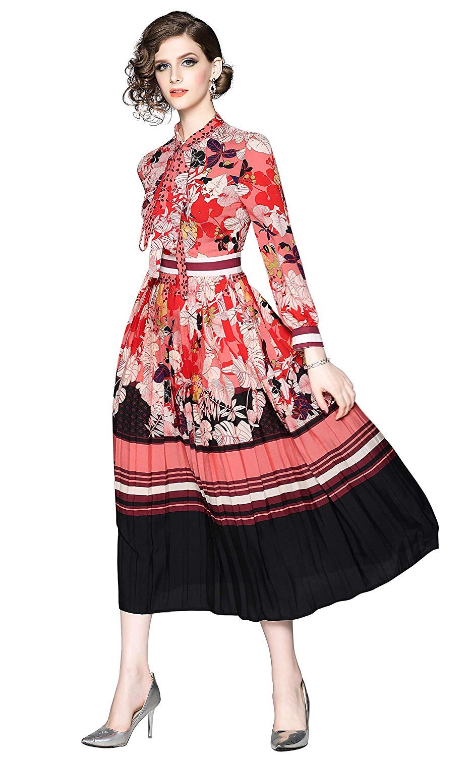 Women's A-Line Maxi Dress with Bow Shirt Collar & Long Sleeves - Spring Summer Casual Party Work Dress (Pink Floral Print, Size US8-10/XL) - Perfect for Office, Wedding Guest & Everyday Elegant Outfits