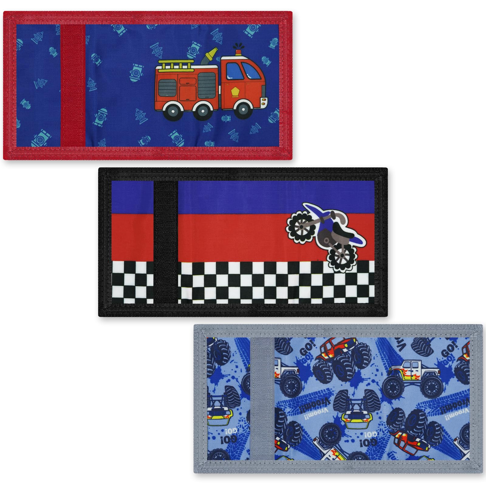 3 Pack Kids RFID Blocking Wallets - Cartoon Mini Trifold Coin Purse with Zipper & Magic Sticker | Front Pocket Wallet for Boys Girls | Perfect for School, Travel & Outdoor Sports (Cars Design)