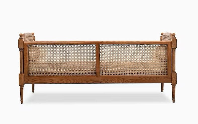 Hand Carved Solid Wood Rattan Canning Daybed Sofa - Rustic Outdoor Patio Furniture for Relaxing in Garden, Porch or Poolside