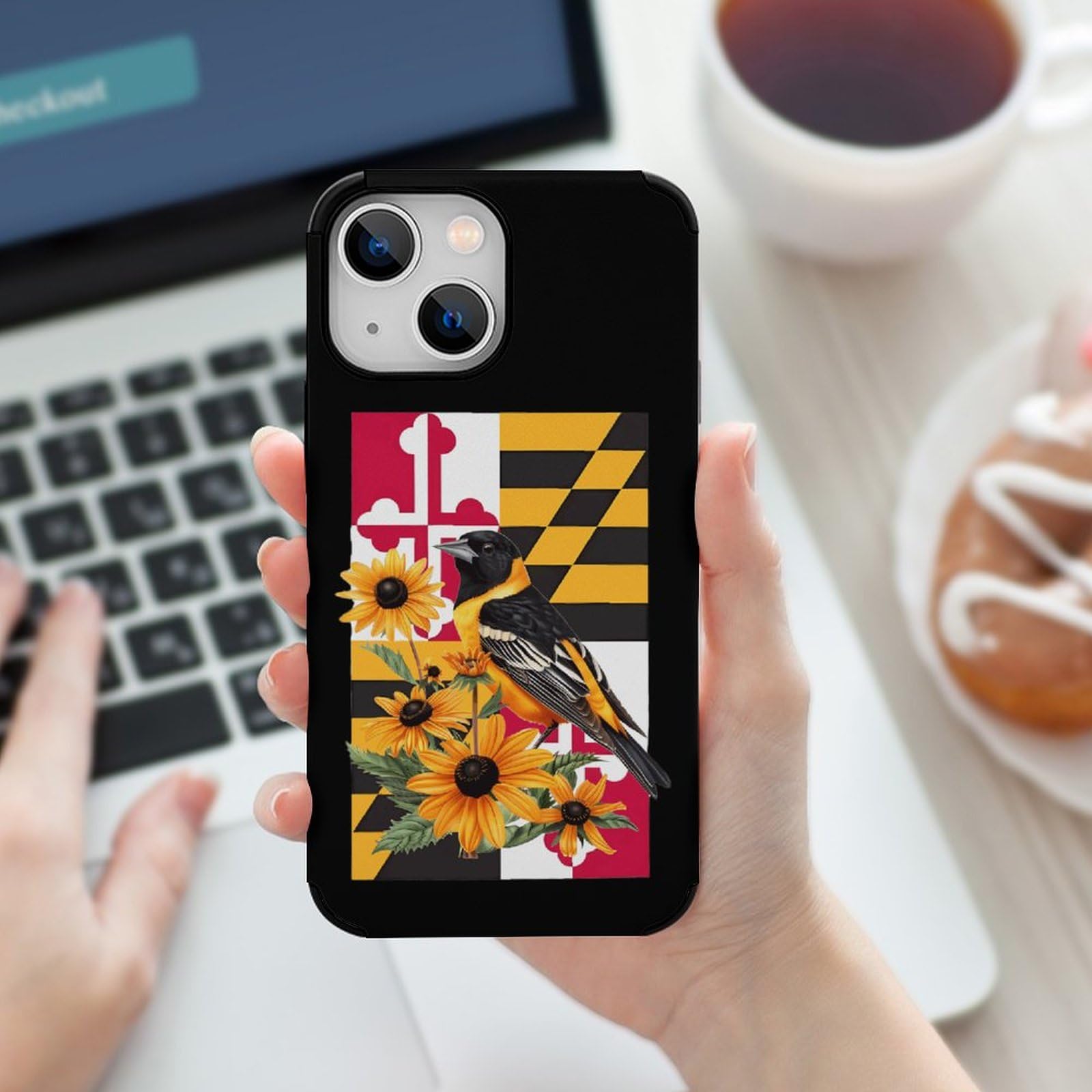 Maryland State Flag iPhone 13 Case - Baltimore Oriole Bird & Black-Eyed Susan Flower Design | Carbon Fiber Shockproof Protective Cover for iPhone 13 Mini/13/13 Pro/13 Pro Max | Perfect for Outdoor Activities & Travel