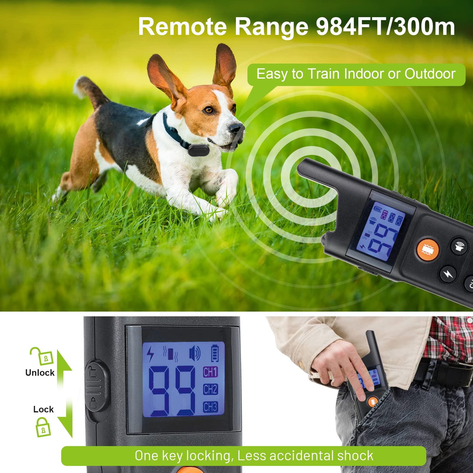USCAMEL Rechargeable Waterproof Dog Shock Collar with Remote - 3 Training Modes (Shock, Vibration, Beep) & Night LED Lights for Small Medium Large Dogs | Secure Lock | Perfect for Outdoor Training, Hunting & Behavior Correction