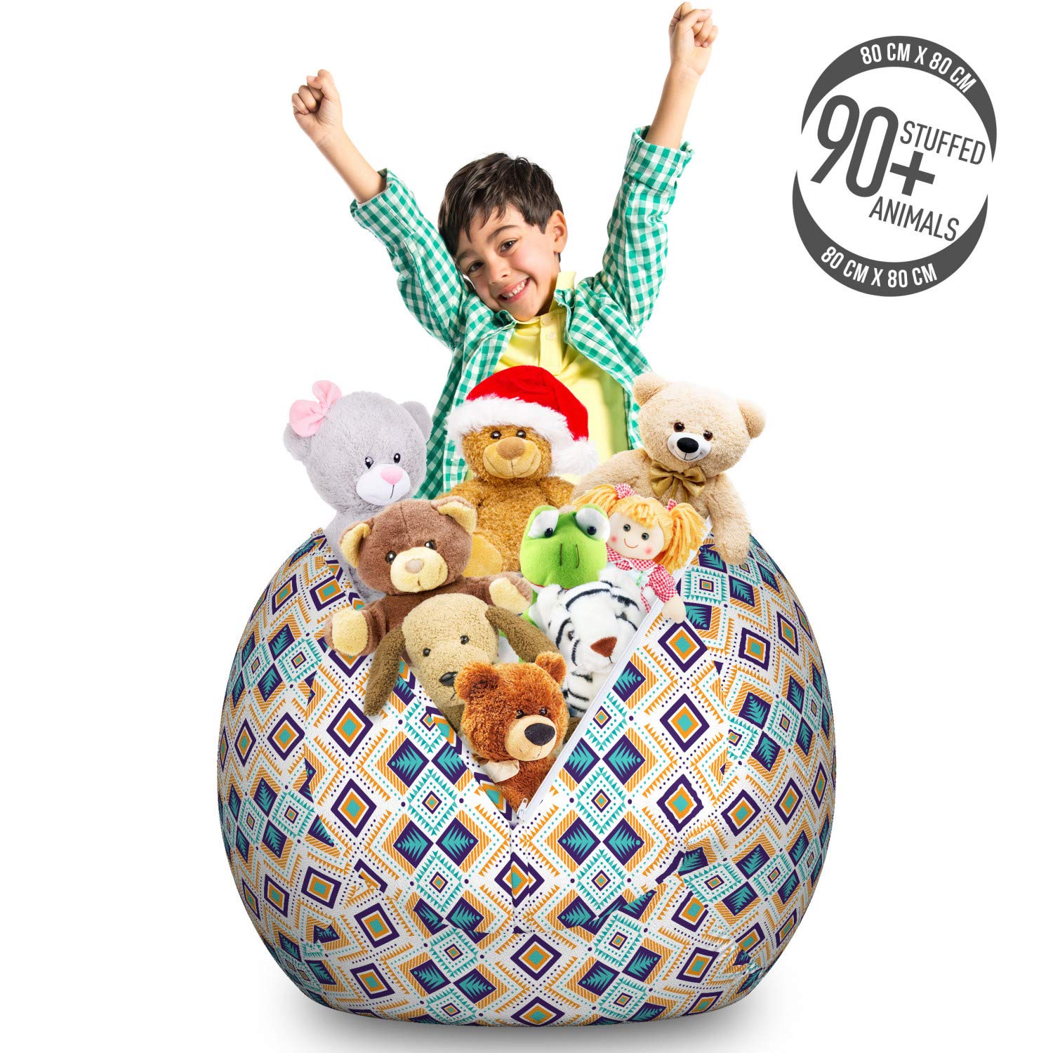Ambesonne Abstract Pattern Toy Storage Bag Chair - Large Washable Stuffed Animal Organizer with Stylish Ornament Design in Orange & Turquoise - Perfect for Kids' Room, Playroom & Nursery Organization