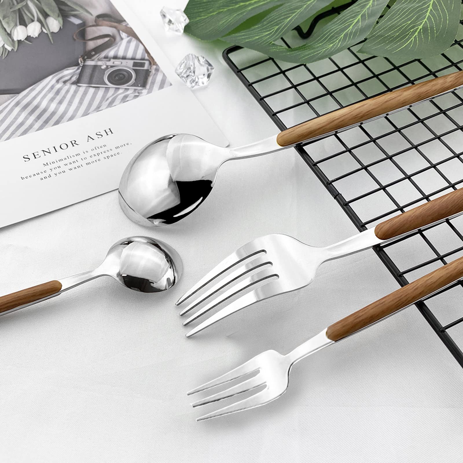 Premium 30-Piece Stainless Steel Flatware Set for 6 - Elegant Silverware with Wooden Handle (Forks, Spoons, Knives) - Perfect for Dinner Parties, Restaurants & Home Dining