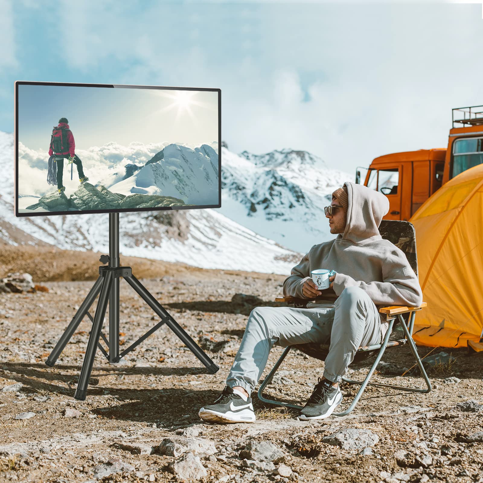 Heavy Duty Tripod TV Stand for 23-75 Inch Flat & Curved TVs - Adjustable Height Outdoor TV Mount with ±15° Tilt, 100 lbs Capacity & Safety Lock - Universal VESA 600x400mm - Perfect for Patio, Backyard, Camping & Tailgating - Black
