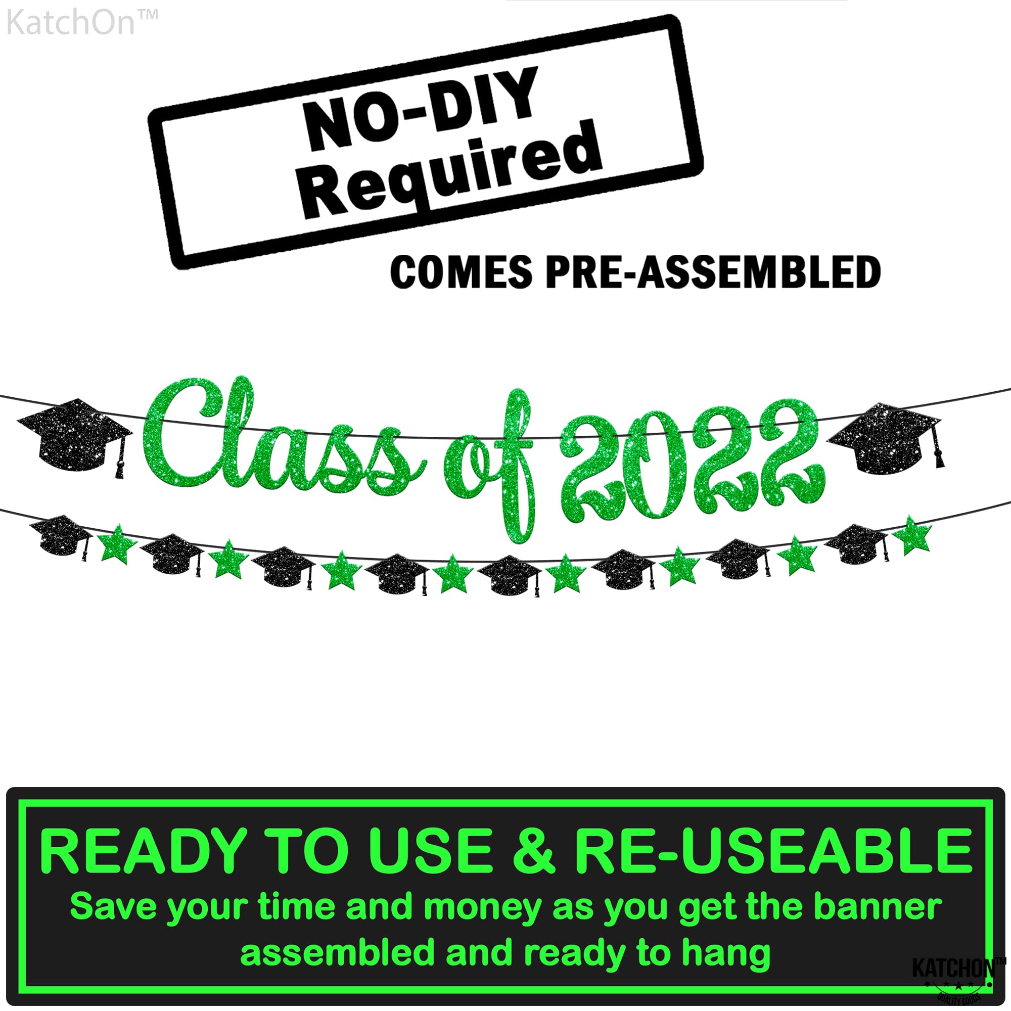 Class of 2022 Graduation Banner - 10ft Green Glitter Banner with Cap Garland | No DIY Graduation Party Decorations | Green & Black Graduation Decor for High School & College Graduation Ceremony | Perfect for Graduation Party Backdrop, Photo Booth & Wall Decor