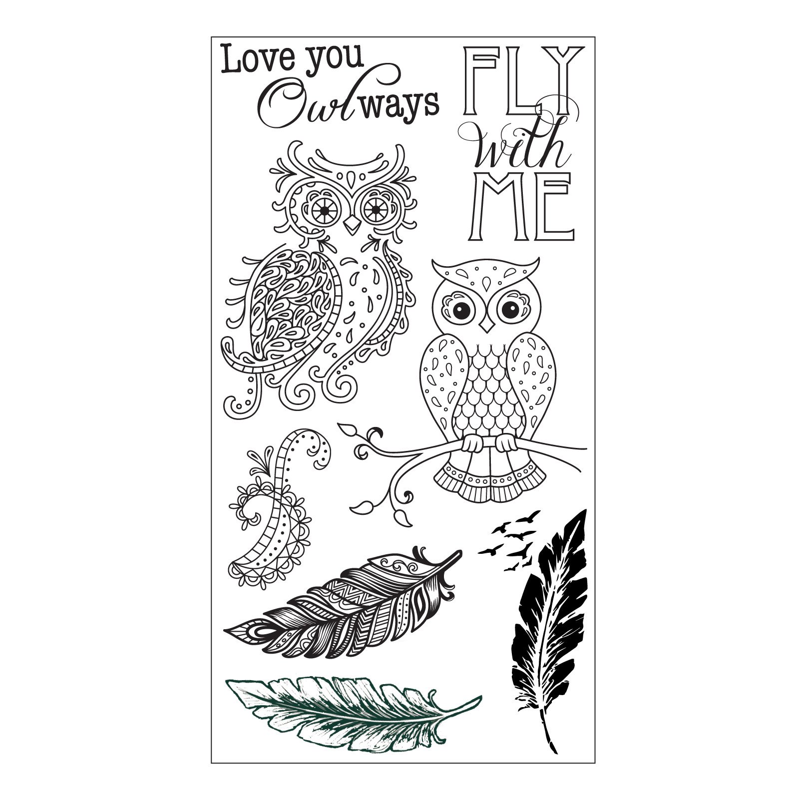 Sizzix 661141 Owl & Feathers Clear Stamps by Jen Long - Perfect for Scrapbooking, Card Making & DIY Craft Projects