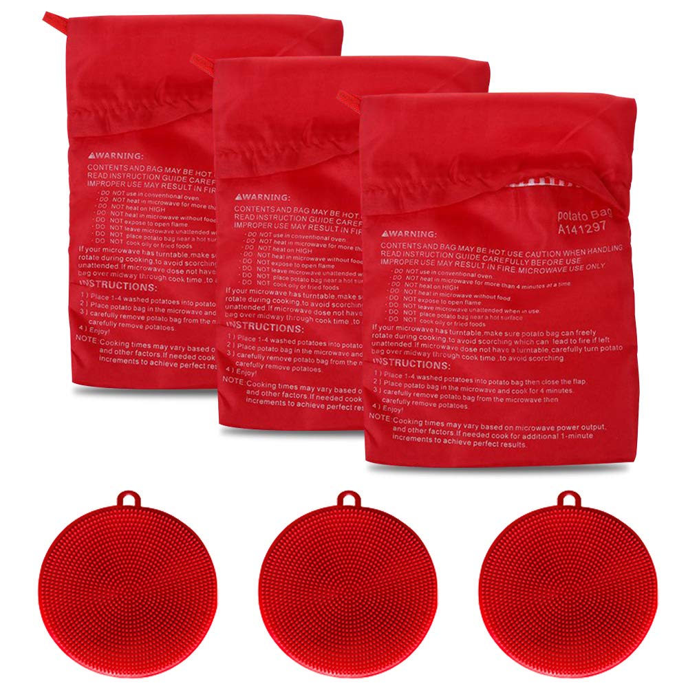 3 Pack Microwave Potato Cooking Bags with Silicone Vegetable Scrubber Brush - Reusable Baked Potato Pouch & Multi-Purpose Silicone Dish Sponge for Kitchen Cleaning (Red) - Perfect for Quick Meals, Healthy Cooking & Easy Cleanup