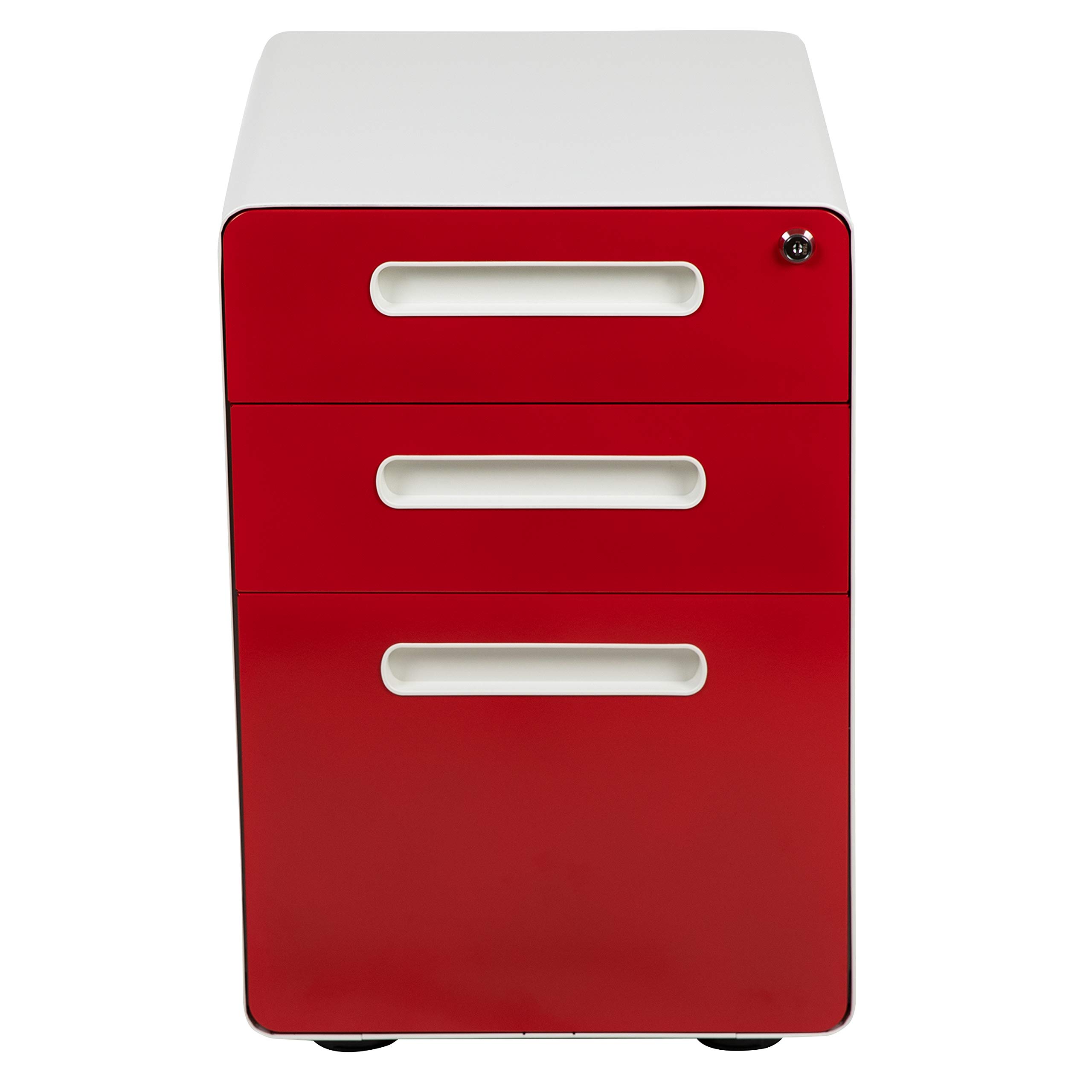 Ergonomic 3-Drawer Mobile Locking Filing Cabinet - White with Red Faceplate | Secure Office Storage Solution for Documents & Files | Perfect for Home Office, Workplace & Business Organization