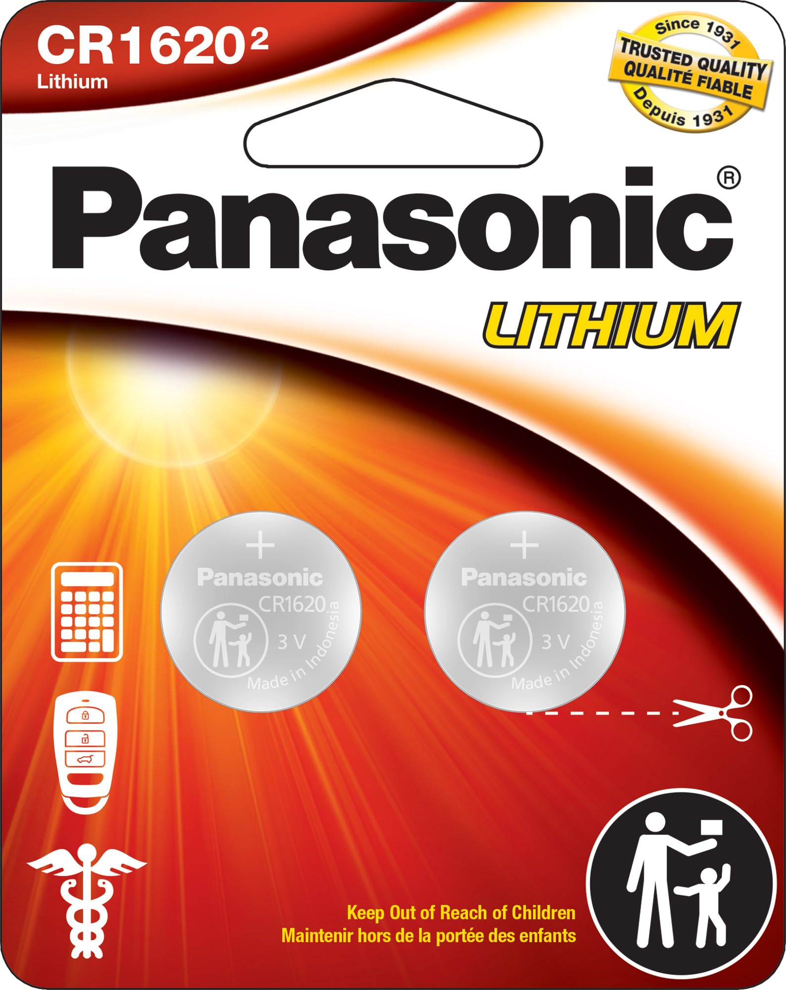 Panasonic CR1620 3V Lithium Coin Battery - Long Lasting 1620 Coin Cell (2-Pack) | Child Resistant Packaging | Perfect for Watches, Calculators & Key Fobs