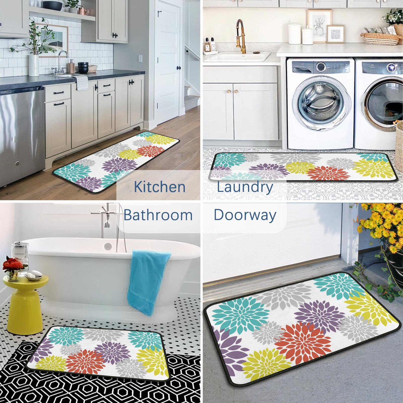 Vibrant Floral Kitchen Rugs Set of 2 - Non-Slip Cushioned Floor Mats, Washable Farmhouse Decor (17