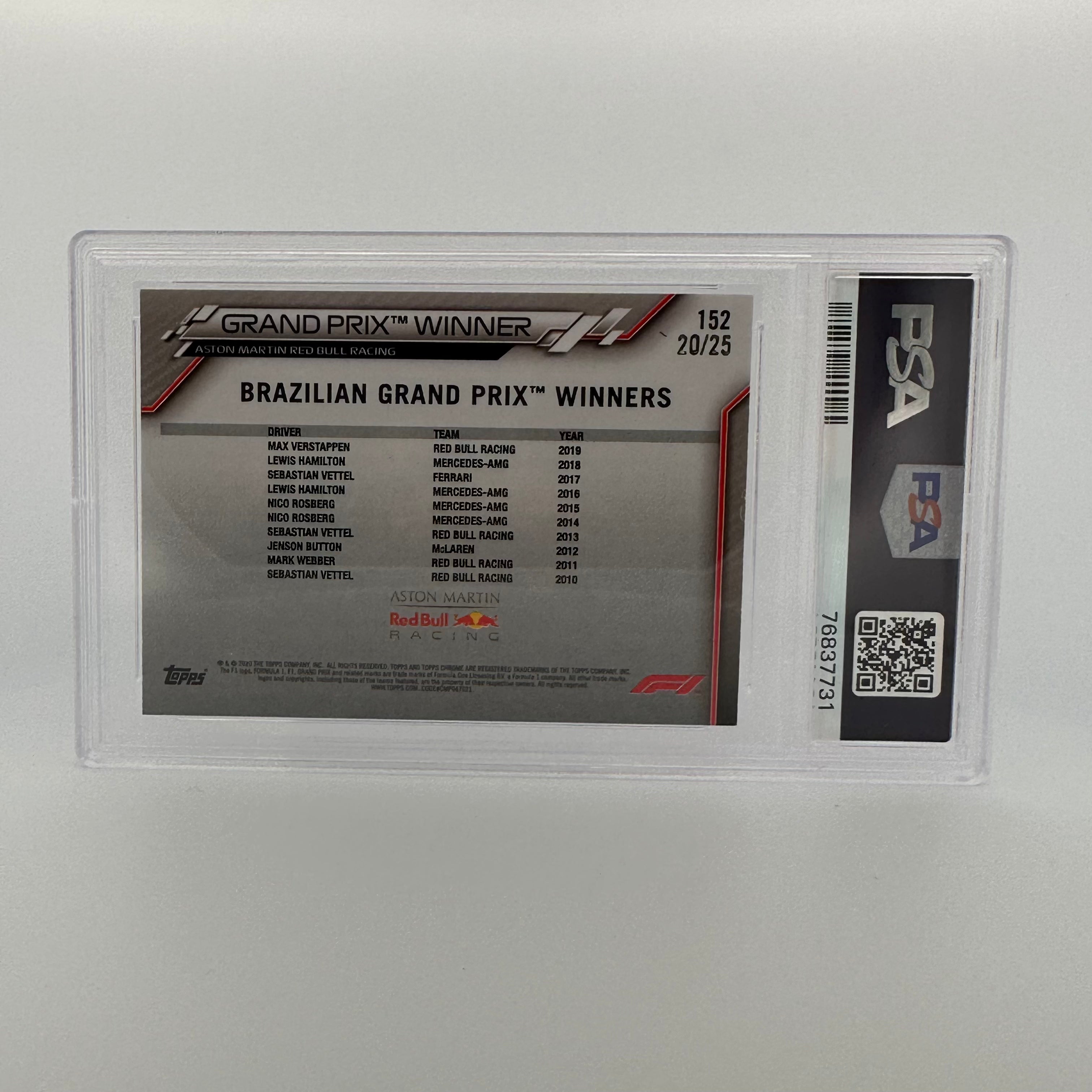 PSA 9 Graded 20/25 MAX VERSTAPPEN #152 Sapphire Edition Orange - Rare Collectible Trading Card for F1 Fans & Sports Memorabilia Collectors - Perfect for Display, Investment, and Racing Enthusiasts