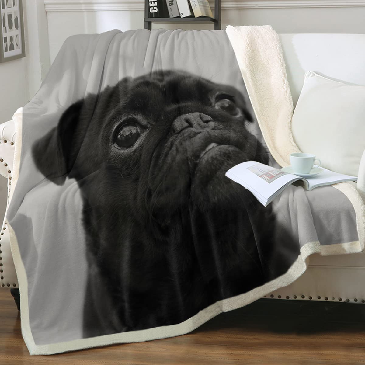 Cute Black Pug Sherpa Throw Blanket for Kids & Adults - Soft Reversible Fleece for Bed, Couch & Travel (30