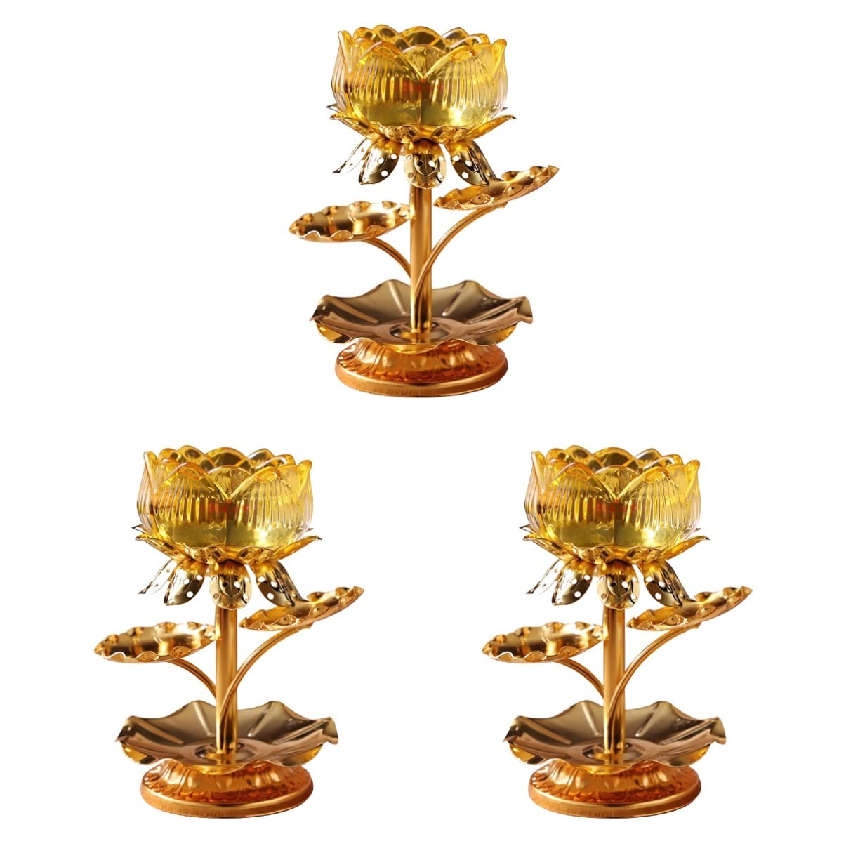 Bestoyard Set of 3 Lotus Ghee Lamps - Elegant Votive Holders for Diwali Puja, Home Decor & Meditation - Floral Tealight Candle Holders for Wedding, Yoga & Spiritual Ceremonies