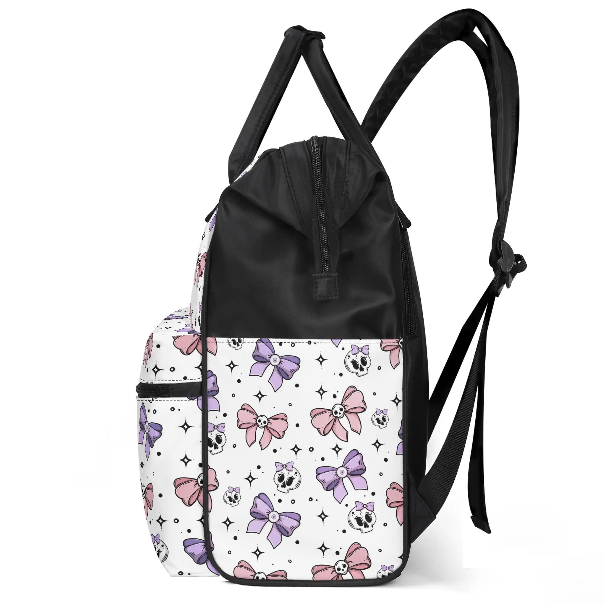 Stylish Cute Bows and Skulls Print Large Capacity Diaper Backpack - Waterproof Baby Bag for Moms with Multiple Pockets | Perfect for Travel, Daycare, and On-the-Go Parenting