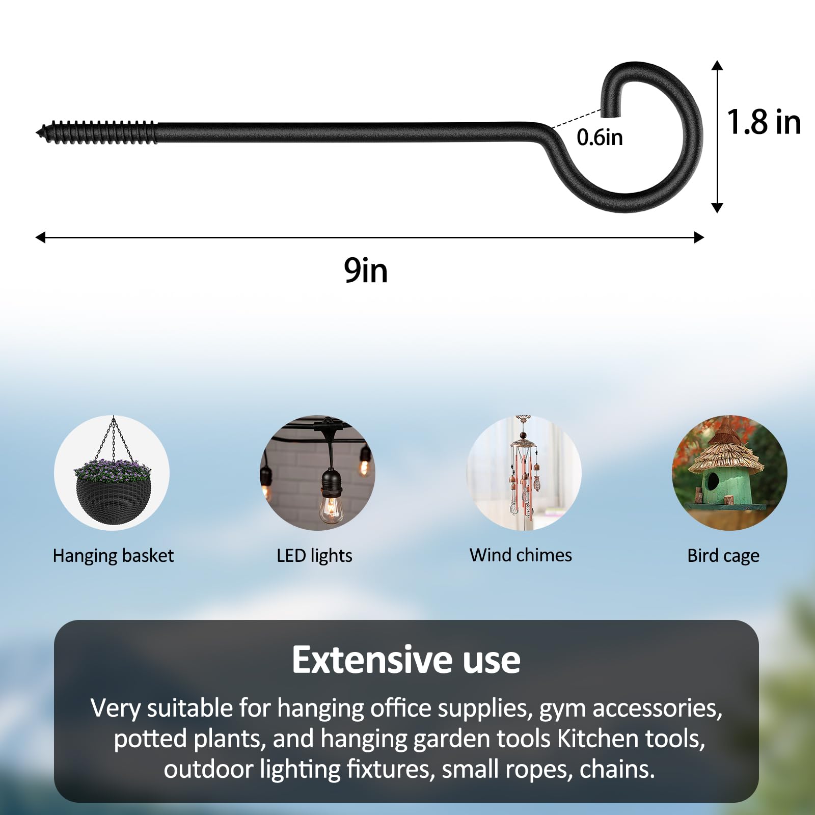 9in Heavy Duty Screw Hooks 10Pcs - Black Ceiling Hooks for Christmas Lights, Curtains, Plants & Kitchen Organization - Indoor/Outdoor Hanging Solutions for Home Decor & Storage