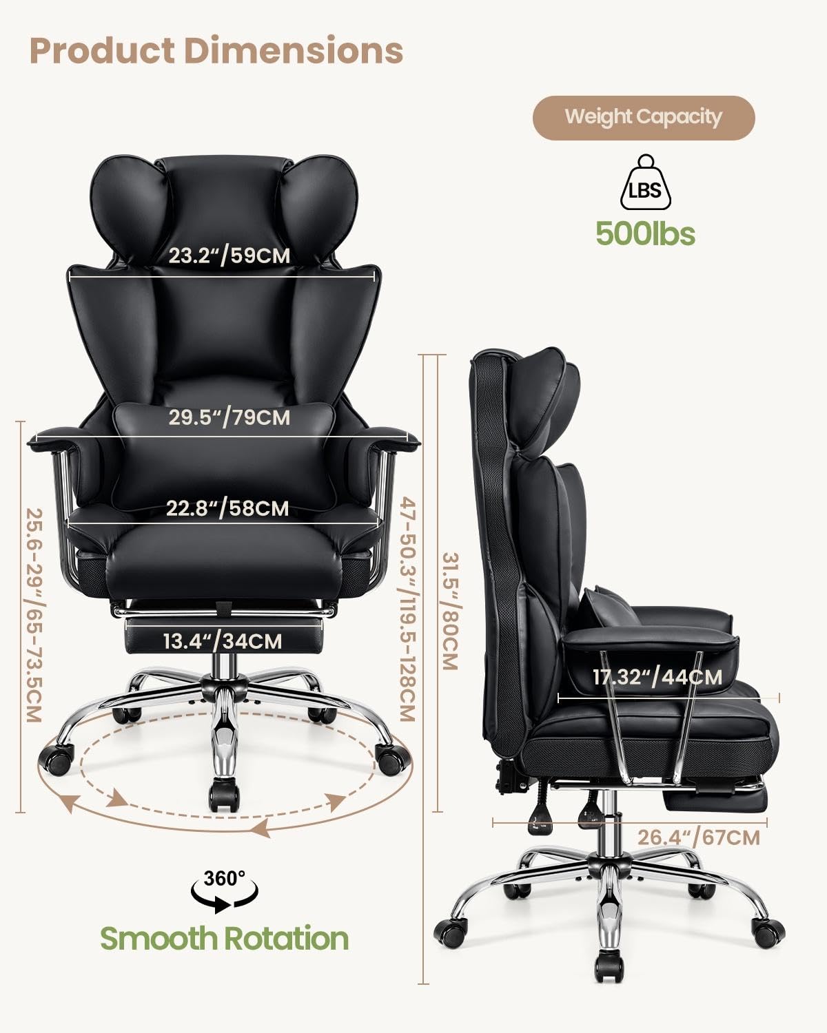 Big and Tall Executive Office Chair with Footrest - Ergonomic Leather Computer Chair, High Back Reclining with Lumbar Support - Large Home Office Desk Chair for Comfortable Working (Black) - Perfect for Home Office, Gaming, and Long Work Sessions