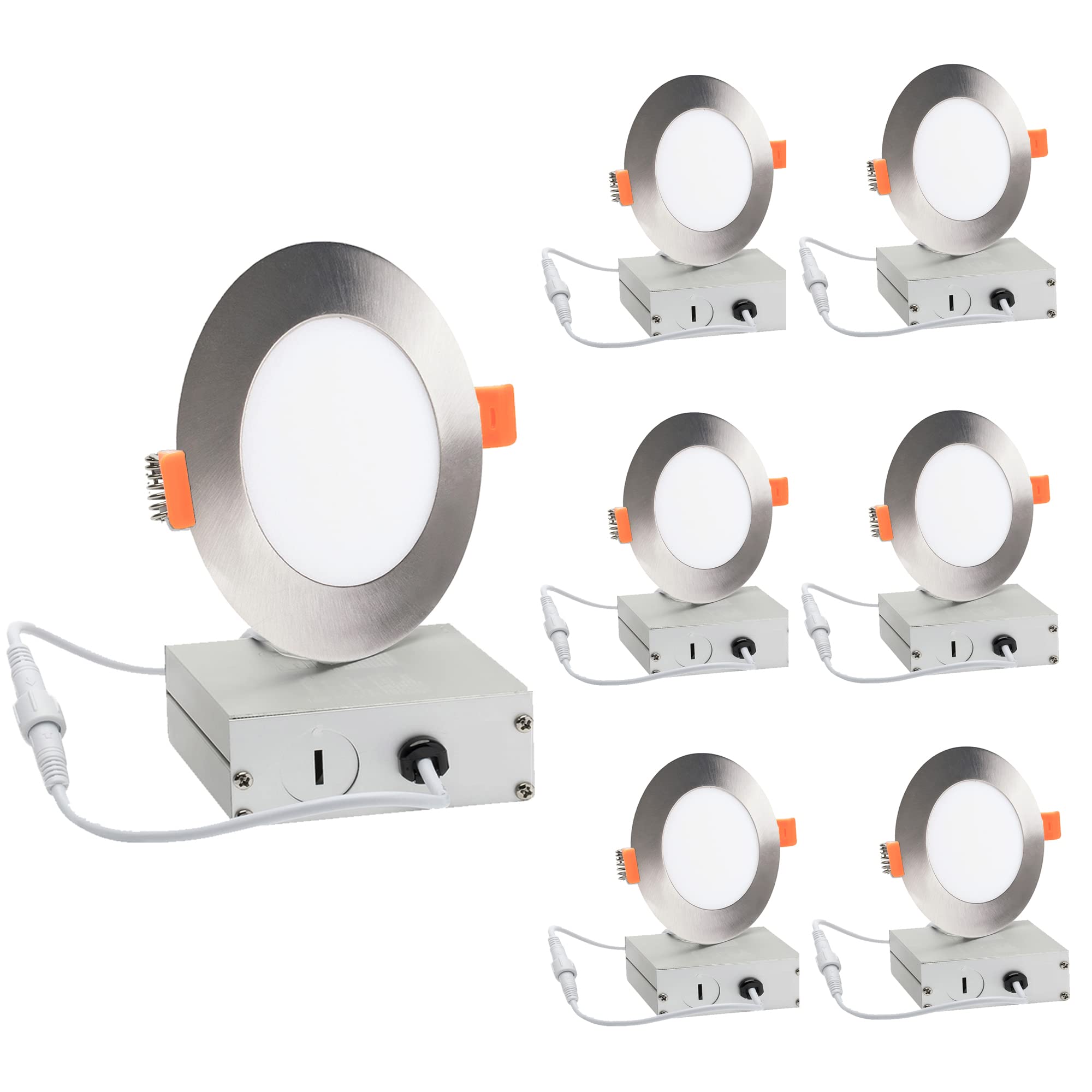 4 Inch LED Recessed Lights Fixture with Driver - 3000K Warm White, 10W, 750 Lumens, 120V, Dimmable, Low Profile - Energy Star & IC Rated, Nickel Trim Soffit Lights (6 Pack) - Perfect for Kitchen, Bathroom, Hallway, and Living Room Lighting