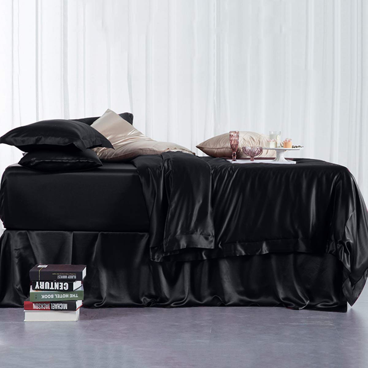 Orose 25 Momme 100% Mulberry Silk Duvet Cover - Queen Size Luxury Bedding Set with Silk Sheets (Black) | Soft & Breathable for All-Season Comfort | Perfect for Master Bedroom, Hotel Style Decor & Gift Giving