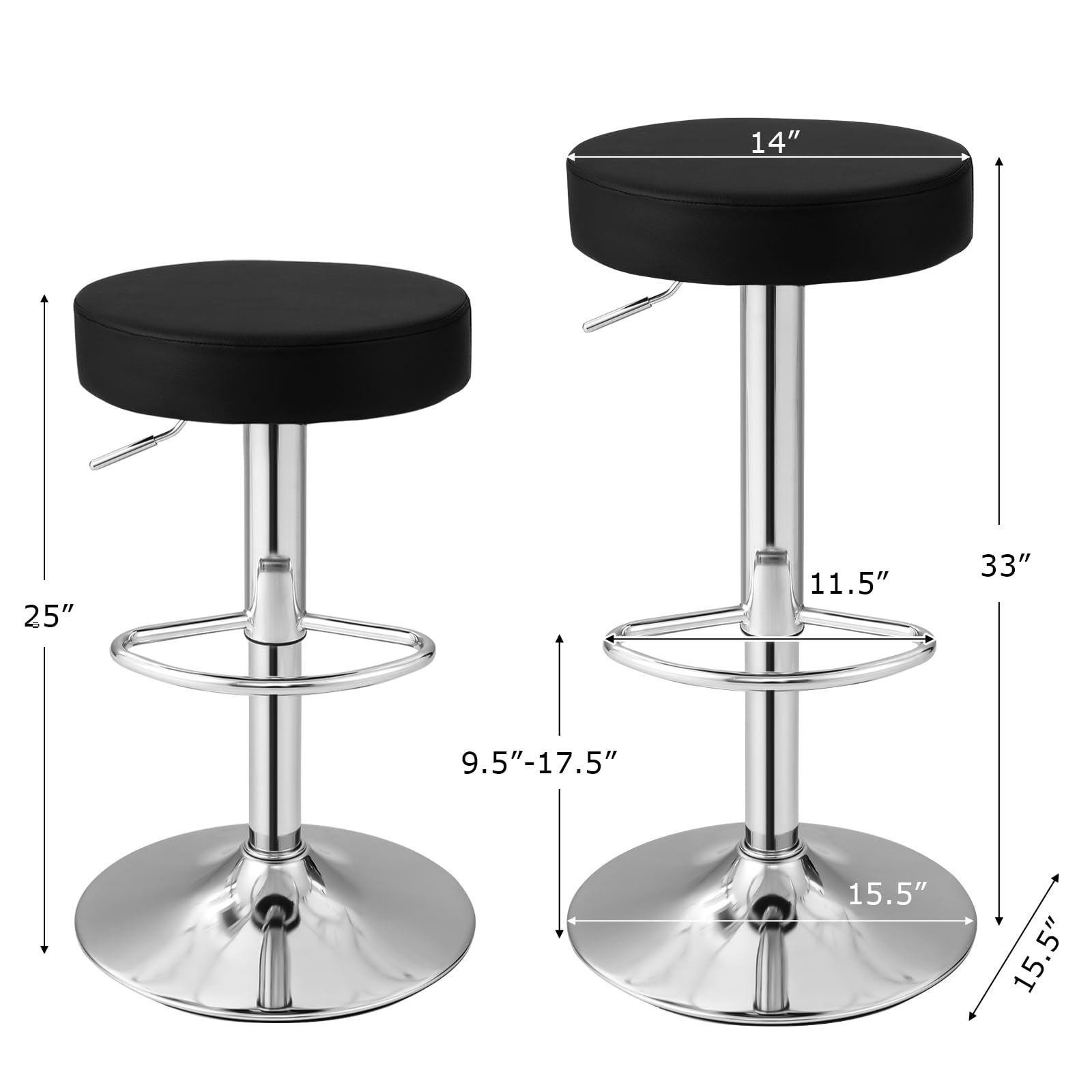 WATERJOY Adjustable Round Bar Stools Set of 2, PU Seat Swivel Bar Stool with Footrest - Modern Kitchen Island & Home Bar Seating for Dining & Entertainment