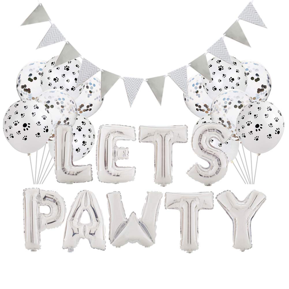 Amosfun Pet Party Balloon Set - 1 Pennant, 6 Sequins Balloons (12 Inch), 6 Claw Print Balloons - Silver Party Decorations for Dog Birthday, Pet Adoption Celebrations & Animal Themed Events