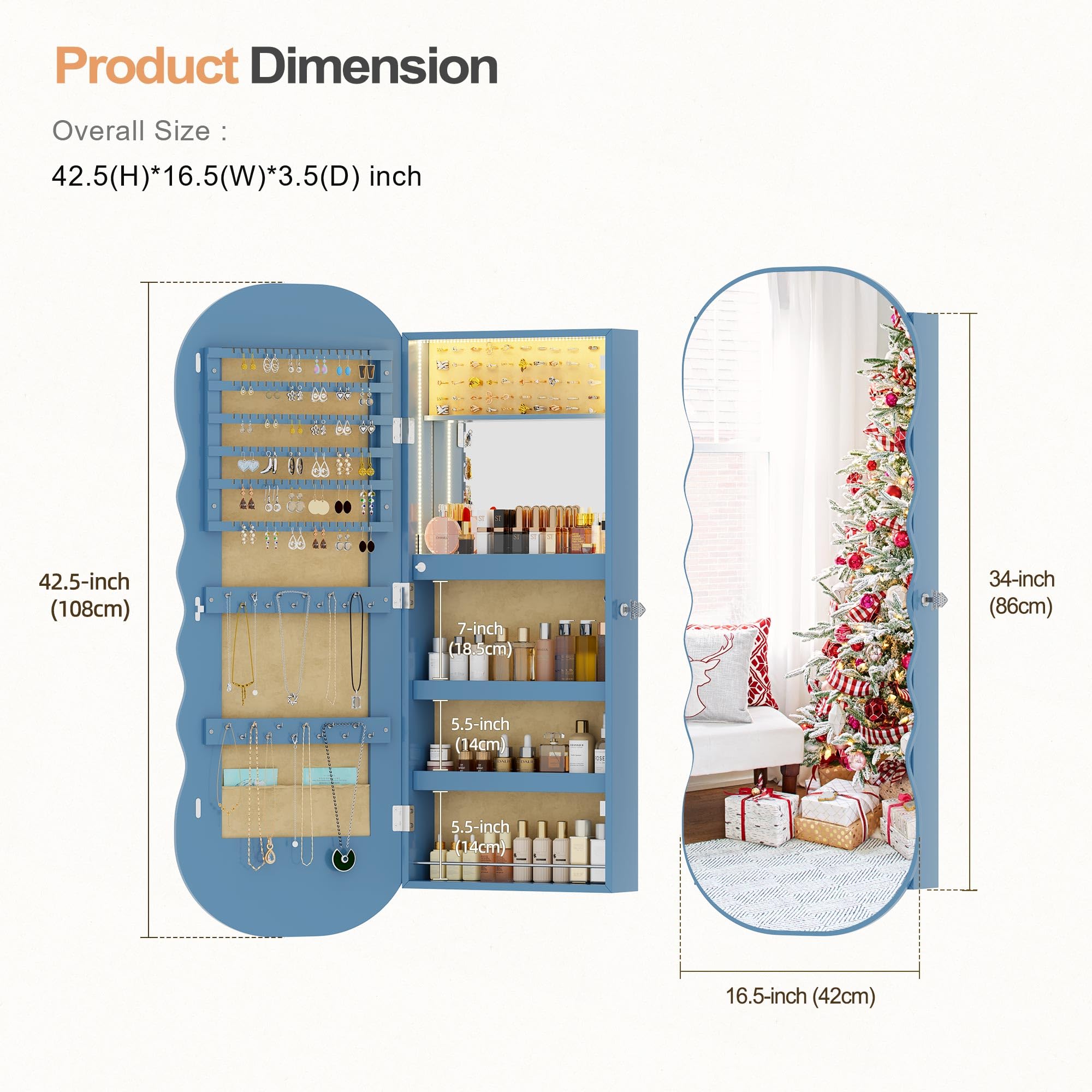 HNEBC LED Mirror Jewelry Cabinet - Wall/Door Mounted Jewelry Armoire Organizer with Lights & Lock - 42.5