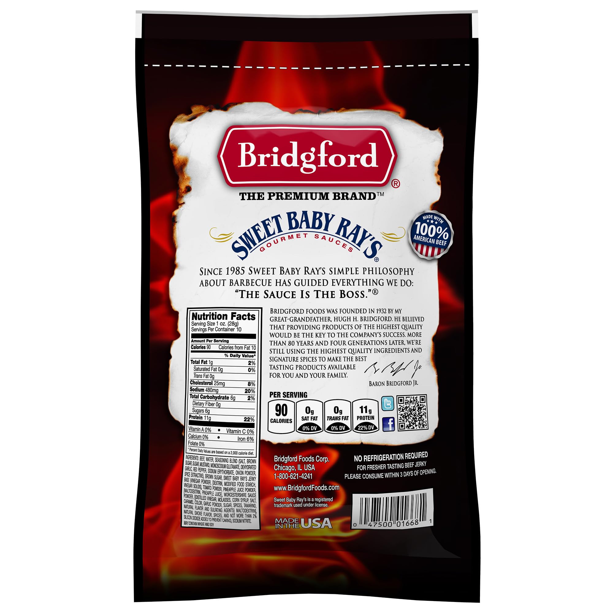 Bridgford Sweet Baby Ray's Peppered Beef Jerky 10 oz (Pack of 4) | High Protein Low Carb Healthy Snack | Gluten Free Keto Friendly | Perfect for Hiking, Camping, Travel & Office Snacks