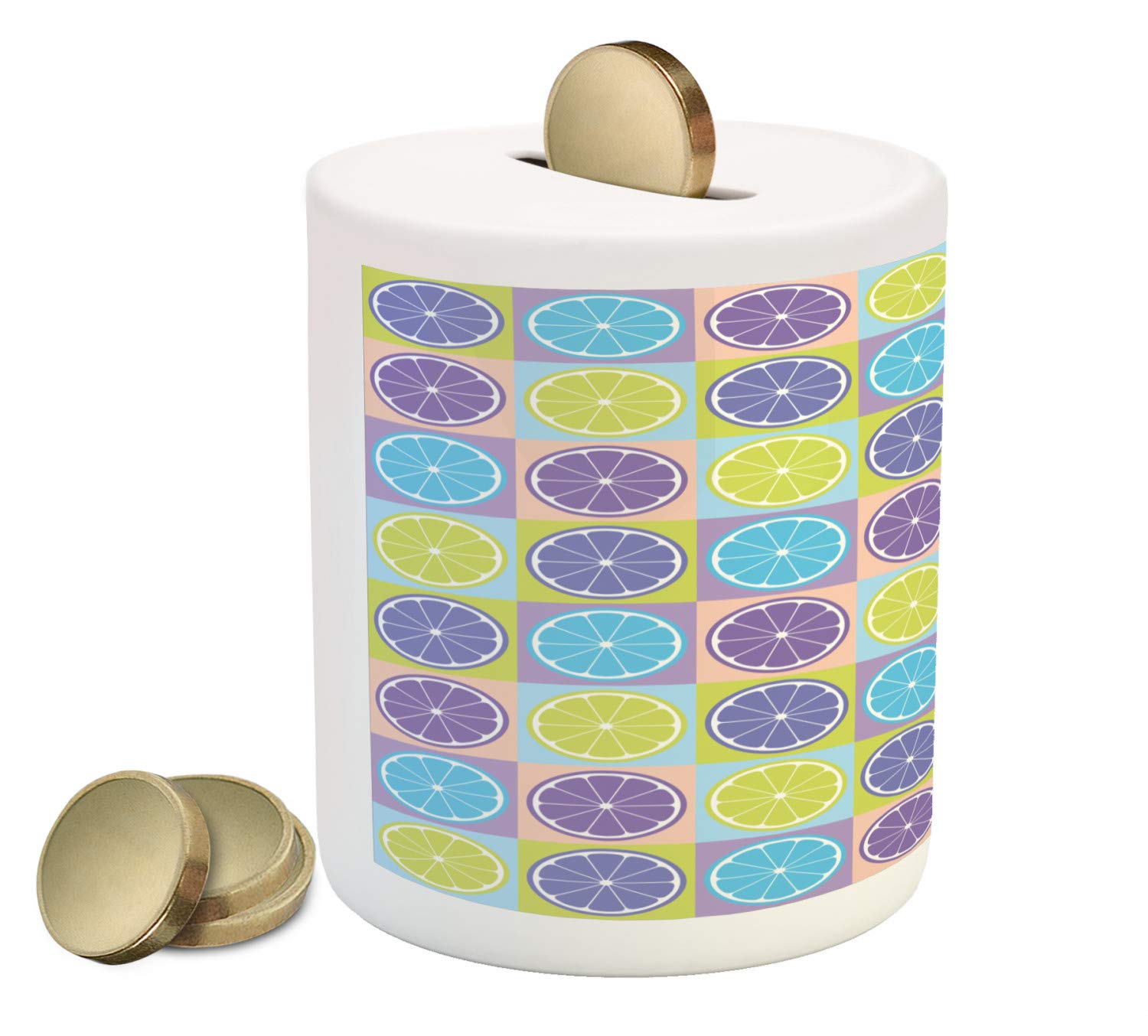 Ambesonne Abstract Ceramic Piggy Bank with Citrus Print - Lemon, Lime, Tangerine & Orange Pattern - Money Saving Coin Bank in Pale Green & Violet - Perfect for Kids' Savings, Home Decor & Gift Giving