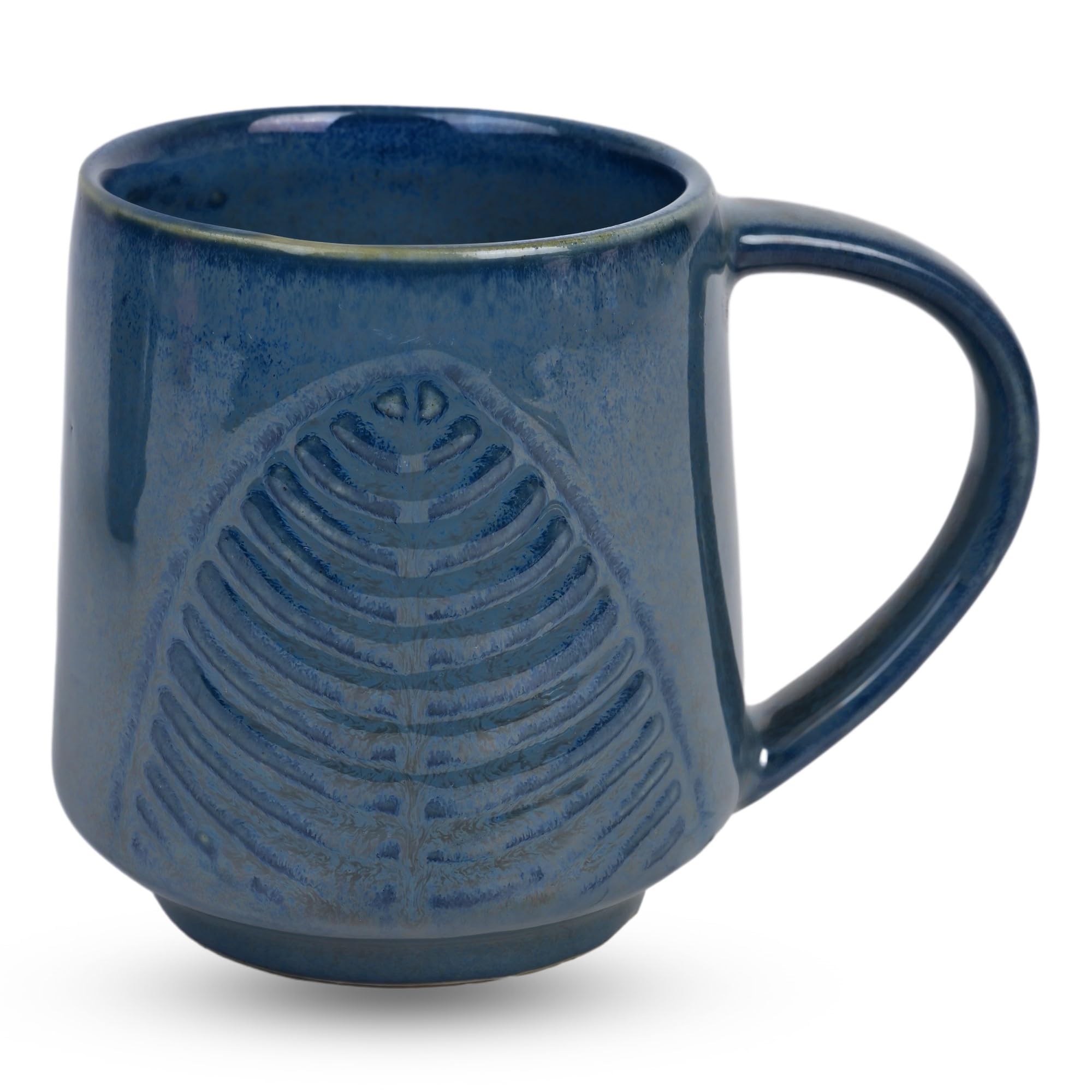 Boxome 300ml Stoneware Coffee Mug - Non-Toxic, Microwave & Freezer Safe - Leaf Pattern Stone Blue Ceramic Cup for Home, Office & Outdoor Use