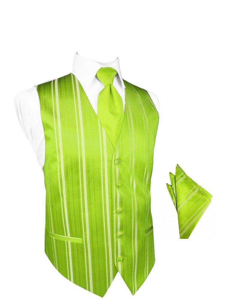 Men's Slim Fit Lime Striped Satin Tuxedo Vest with Long Tie & Pocket Square Set - Formal Wedding, Prom, Black Tie Event Outfit Accessories
