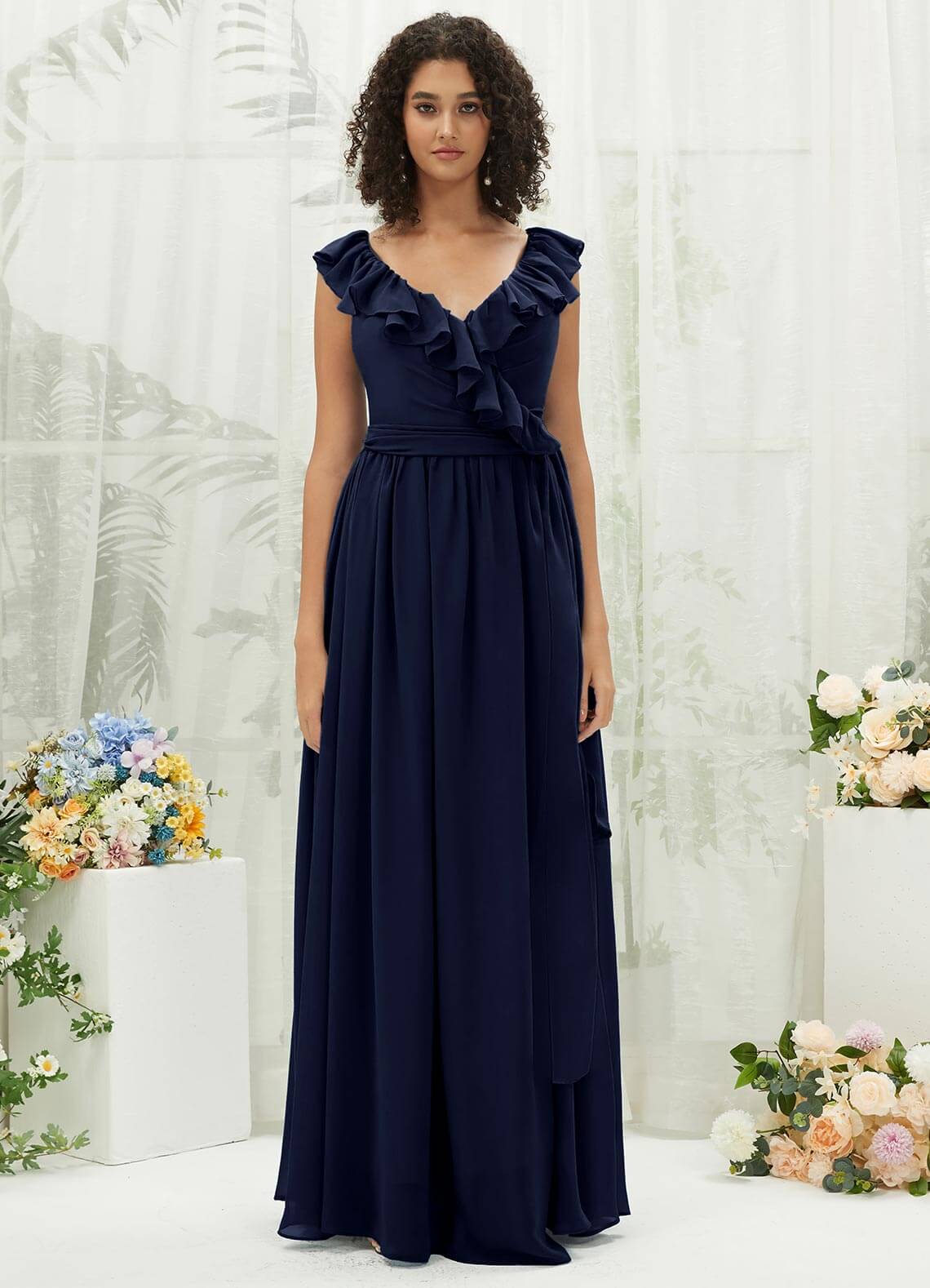 Elegant Dark Navy Chiffon Bridesmaid Dress with Ruffle Cross Straps & V-Neck Wrap Design - Perfect for Weddings, Formal Events & Special Occasions