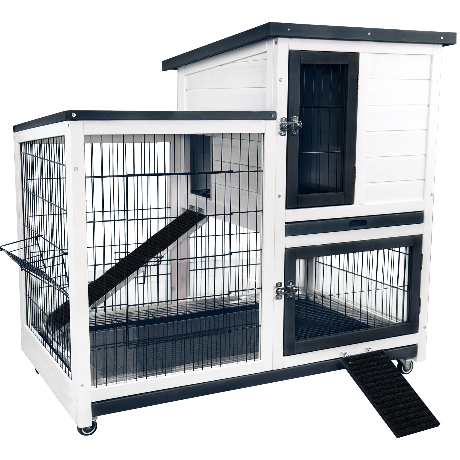 Indoor & Outdoor Rabbit Hutch with Urine Guards - 2-Story Mobile Bunny Cage for Guinea Pigs, Wire Bottom & 2 Trays - Perfect for Small Pets in Home, Garden or Backyard