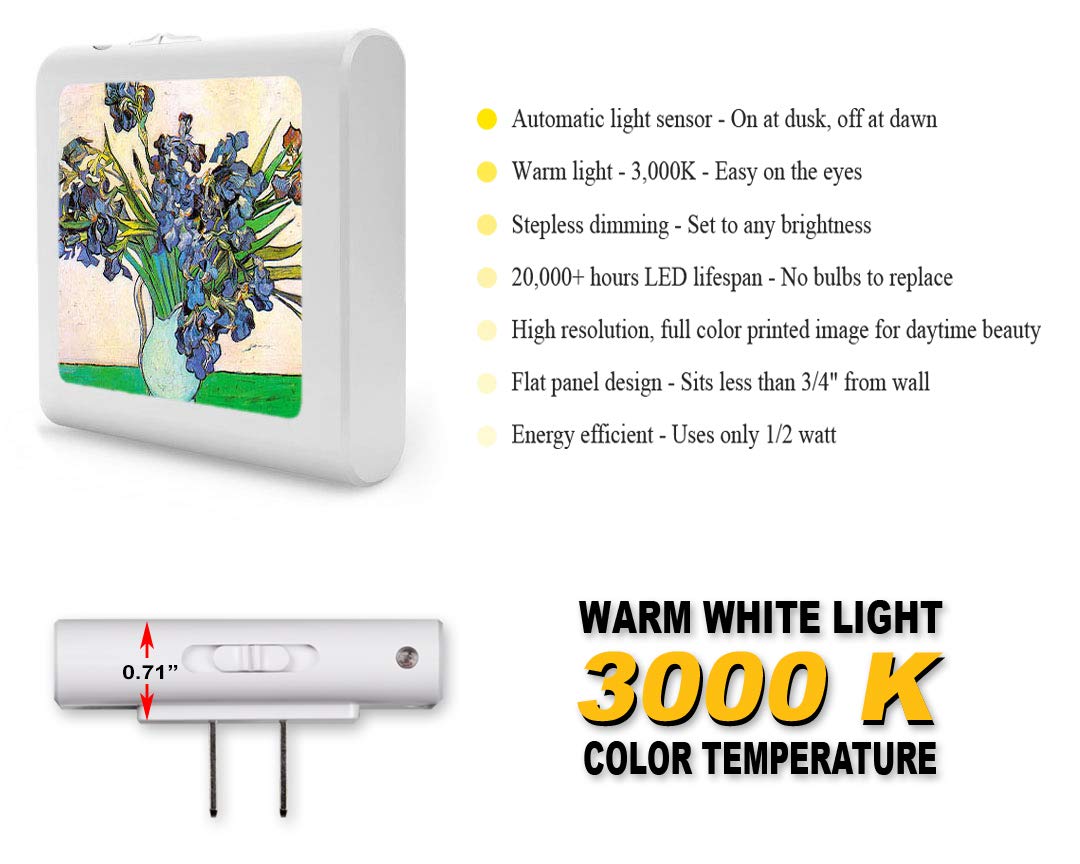 Dimmable LED Night Light with Auto On/Off Sensor, Adjustable Brightness & Warm White Light - Perfect for Bathroom, Hallway, Nursery & Bedroom - Van Gogh Irises Art Design - Ideal for Nighttime Safety & Décor