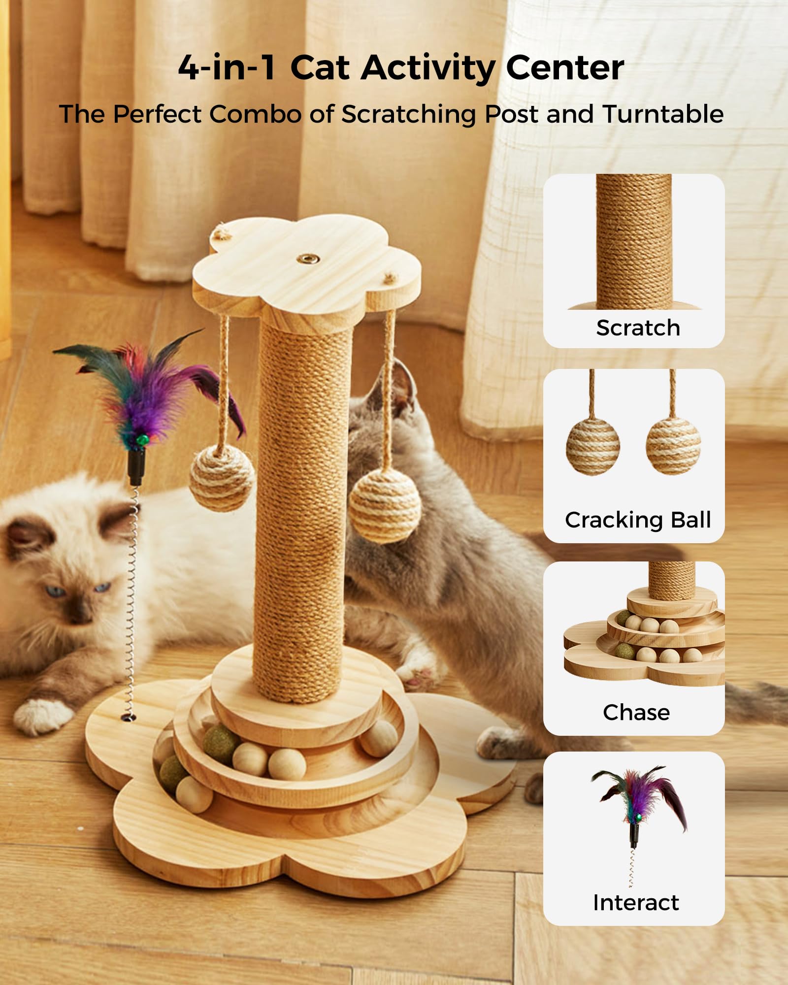 4-in-1 Wooden Cat Scratching Post with Interactive Toys - 17.7