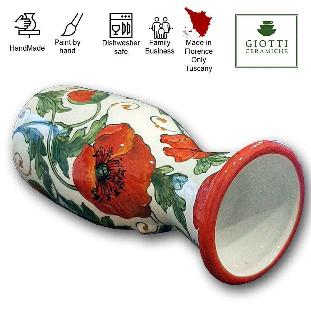 Italian Ceramic Wine Jug with Poppies - 33 oz Hand-Painted Kitchen Carafe & Utensil Holder - Tuscan Pottery Vase for Wine & Home Decor - Made in Italy - Perfect for Rustic Kitchens, Wine Serving & Farmhouse Decor