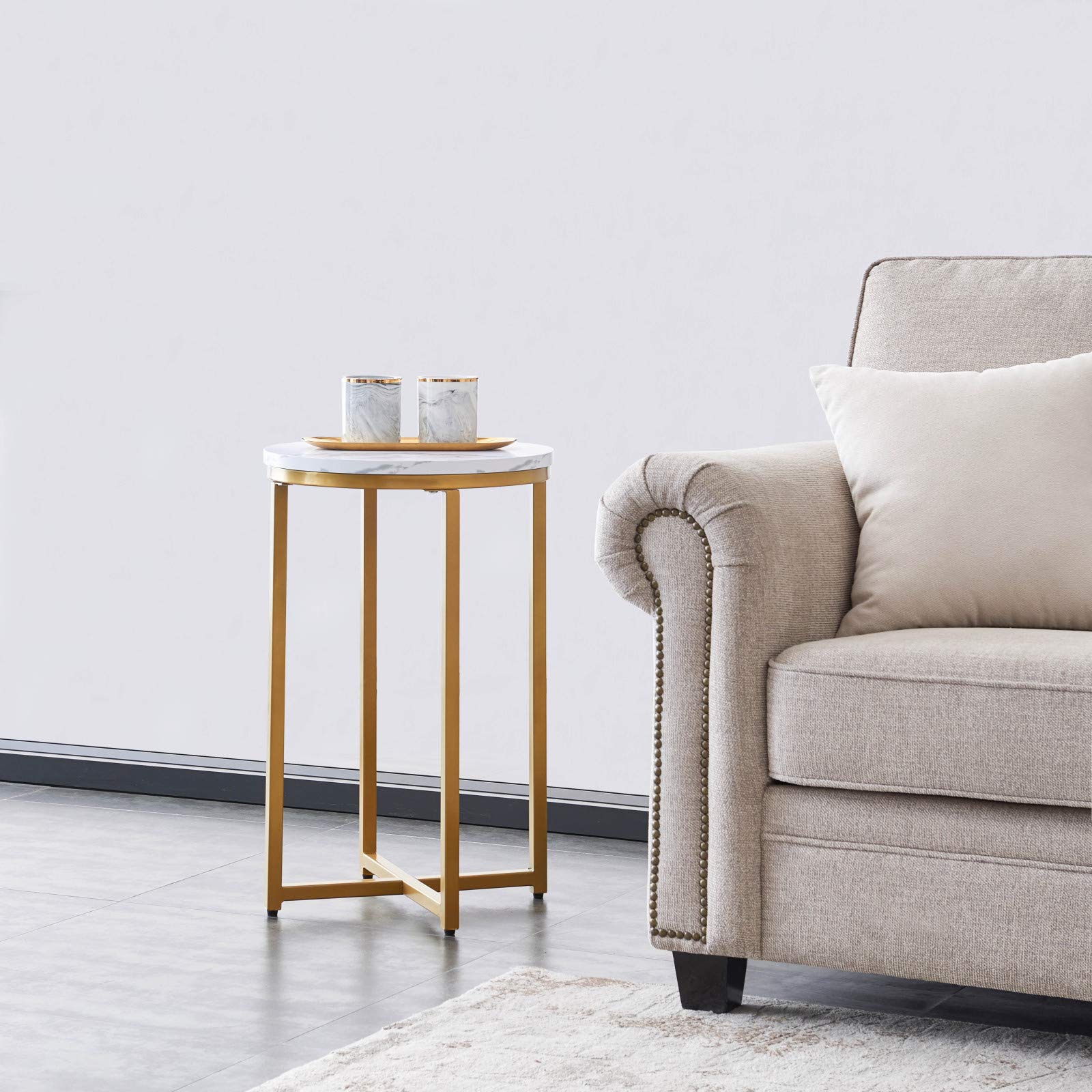 16 Inch Faux Marble Round End Table with Metal Frame - Modern Sofa Side Table, Nightstand & Coffee Table for Living Room, Bedroom, Dining Room & Tea Time - Gold Home Decor Accent Piece (Perfect for Small Spaces & Stylish Home Staging)
