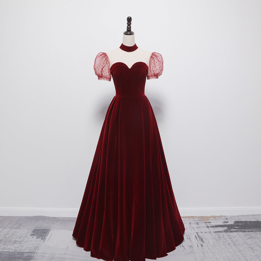 Elegant Burgundy A-Line Velvet Prom Dress with Puff Sleeves - Formal Evening Gown for Homecoming, Winter Ball & Special Occasions | Style 515