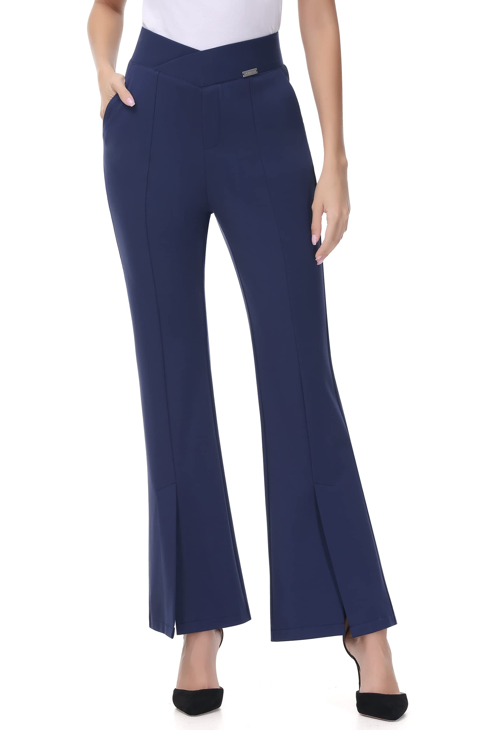 PUWEER Women's Flare Dress Pants - High Waist Business Casual Slacks with Pockets & Side Split Leg for Office, Work & Professional Wear