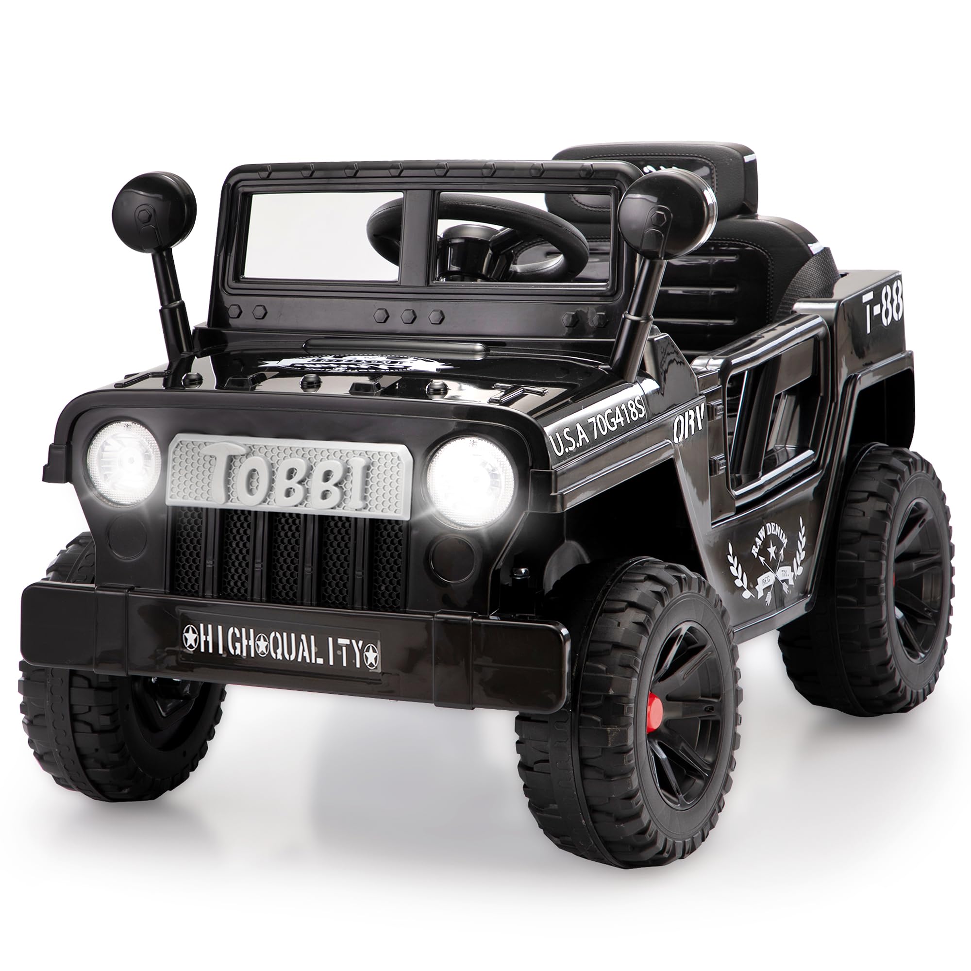 TOBBI 12V Kids Electric Ride On Toy Car - Battery Powered Off-Road Truck with LED Lights, Horn & Suspension - Best Gift for Boys & Girls Ages 3-6 (Black) - Perfect for Outdoor Play, Birthday Presents & Backyard Adventures