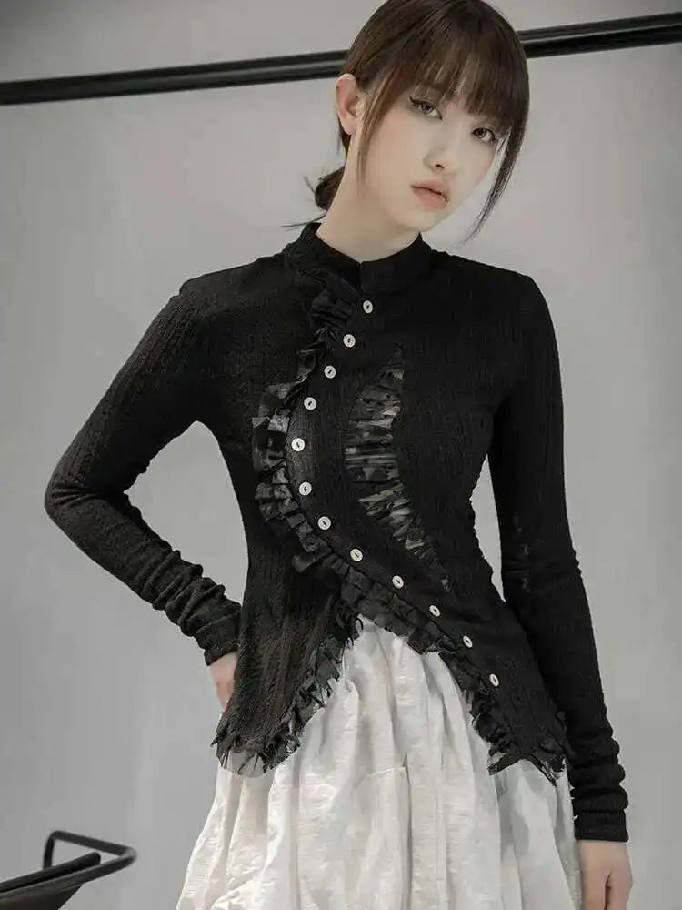 Black Lace Irregular Knit Cardigan for Women - Long Sleeve Stand Collar Chunky Sweater | 2025 Fall Fashion Trend | Perfect for Autumn Layering & Spring Outfits