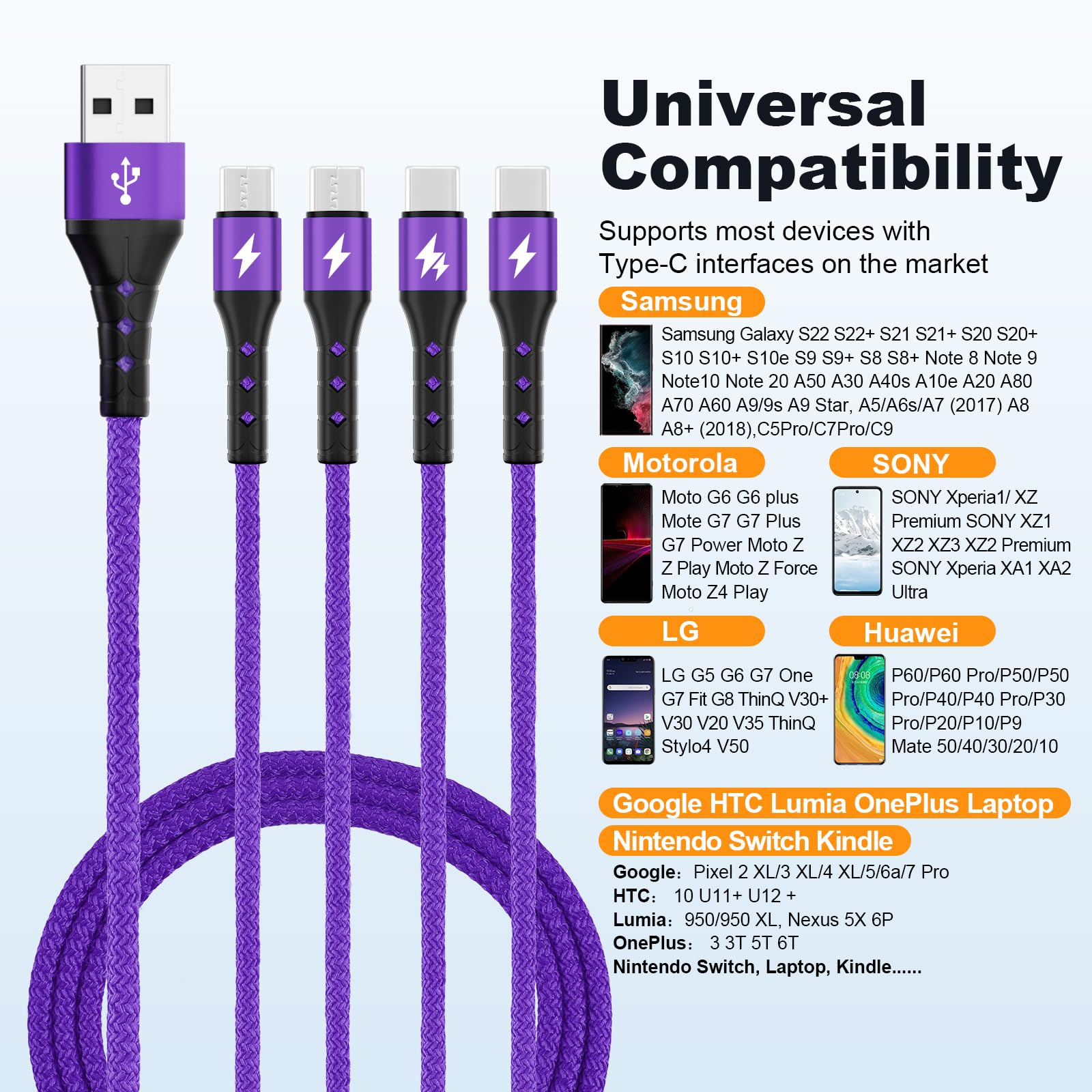 SIQIWO 4-in-1 Multi USB C Fast Charging Cable [2 Pack, 4FT] - QC 3.0 (3A) USB C Splitter with 4 Ports - Compatible with iPhone 16/15 Series, iPad Air/Pro, Samsung Galaxy S24/S23, Google Pixel, PS5 - Perfect for Home, Office & Travel Charging Multiple Devices Simultaneously