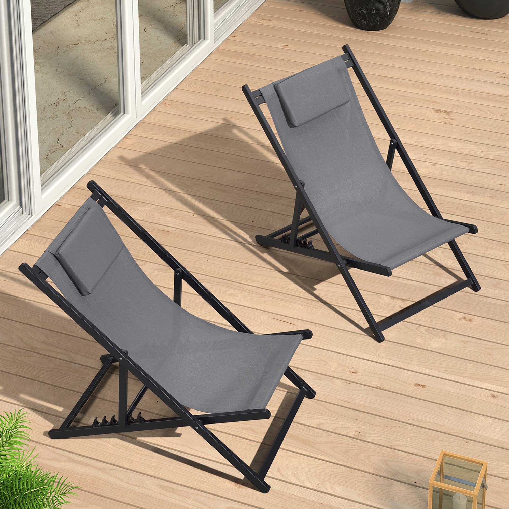 PURPLE LEAF 2-Pack Outdoor Folding Beach Chairs - Portable Adjustable Patio Sling Chairs with Cushioned Headrest, Aluminum Frame & Durable Polyester Fabric (Grey) - Perfect for Backyard, Poolside & Beach Relaxation